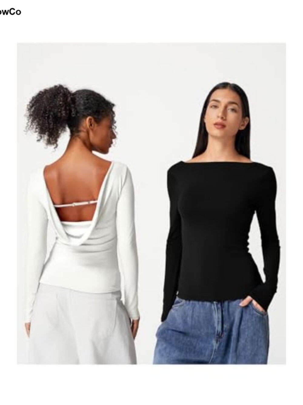 Long Sleeve Cowl Back Boat Neck Double Lined Fitted T-Shirt - Picture 2 of 6